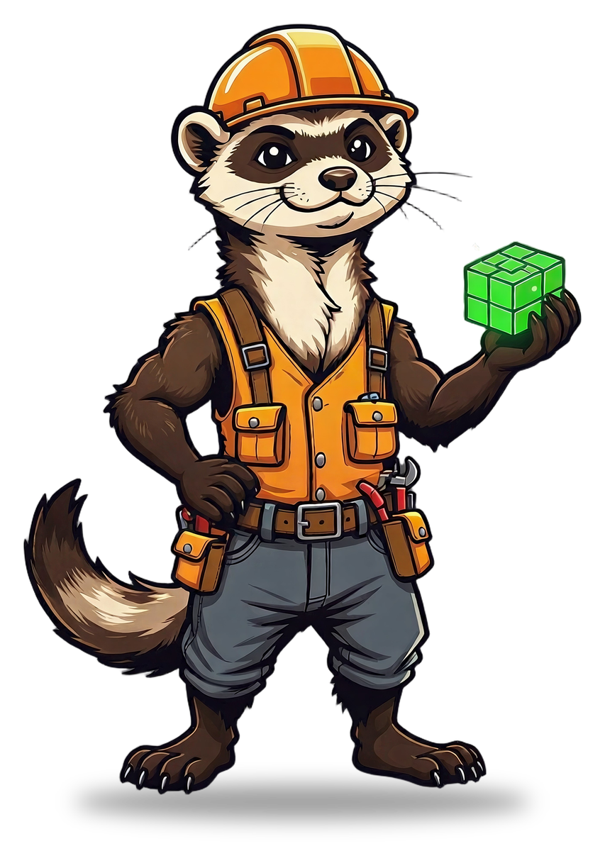 BlockFerret, a ferret in a hard hat, work vest and tool belt, holding a glowing green block